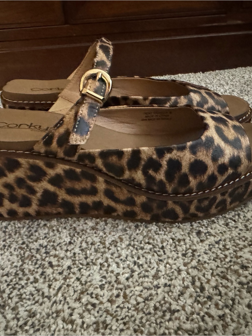 Corkys Leopard Print Platform Mary Jane Wedges with Gold Buckle